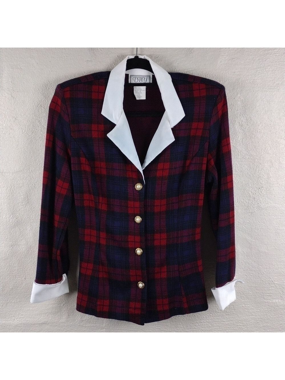 D.B.Y. Red Blue Tartan One Notched Button Long Sleeve Elastic Pull On Skirt Set - Picture 2 of 16